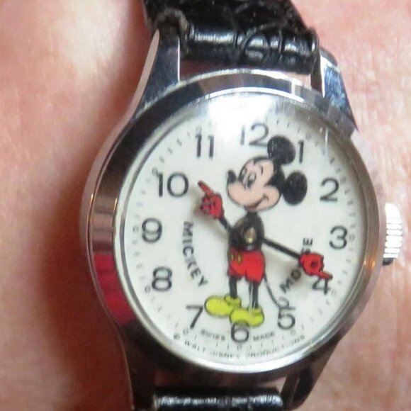 Vint 60’S BRADLEY WALT DISNEY Mickey Mouse Swiss Watch Black Leather Band Unisex main image 6